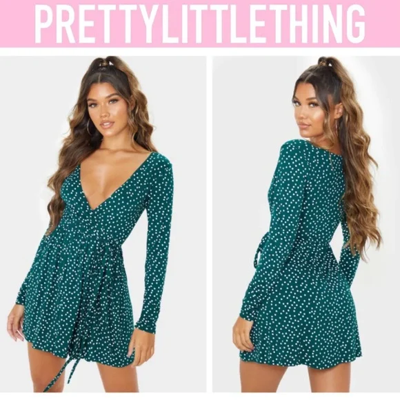 Emerald Green Polka Dot Print Wrap Long Sleeve Tea Dress - Size 10 Emerald Green Polka Dot Print Wrap Long Sleeve Tea Dress - Size 10